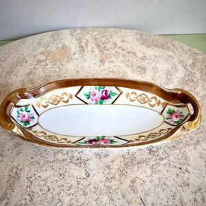 Nippon Hand Painted Vintage Pickle Dish‎ Trinket Tray Brown White Floral